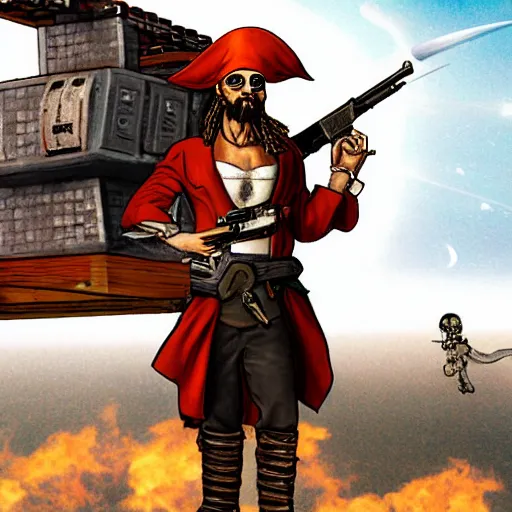 Image similar to a pirate holding a machine gun standing on top of a space ship