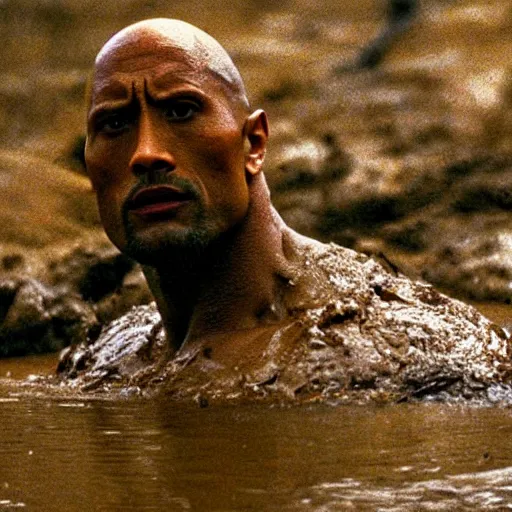 Image similar to film still, close up, dwayne johnson rising out of muddy vietnam river, face covered in mud, low camera angle at water level, night time, film still from apocalypse now ( 1 9 7 9 ), 2 6 mm