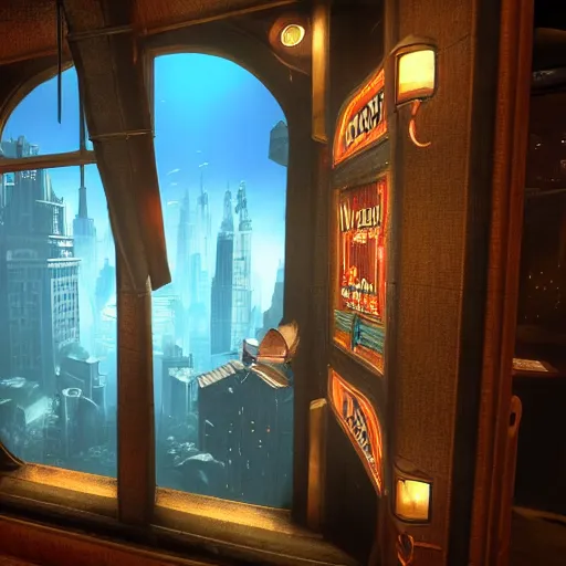 Image similar to In the world of rapture from the world of bioshock you are in a bar, there is a window that lets you see the whole city underwater and you are drinking a rum and coke