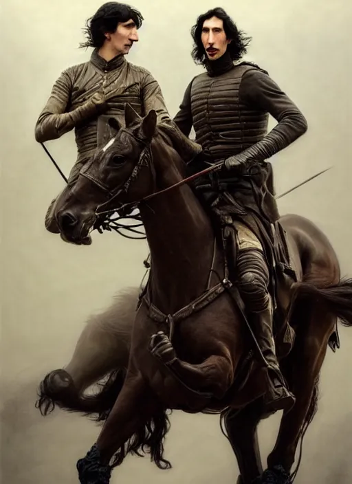 Image similar to painting of john oliver and adam driver together, riding horse, stoic, full body, military uniform, fantasy, intricate, elegant, beautiful, highly detailed, charcoal, centered, dark, smokey, digital painting, artstation, concept art, smooth, sharp focus, illustration, art by artgerm, art by greg rutkowski, art by alphonse mucha