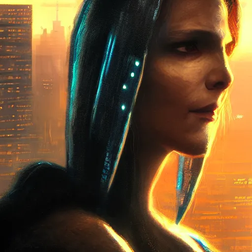 Image similar to neuromancer, closeup portrait of a young beautiful cyberpunk woman, eye implants, sunset, cyberpunk city background, megacity, gorgeous view, depth, painted by seb mckinnon, high detail, digital art, painted by greg rutkowski, trending on artstation