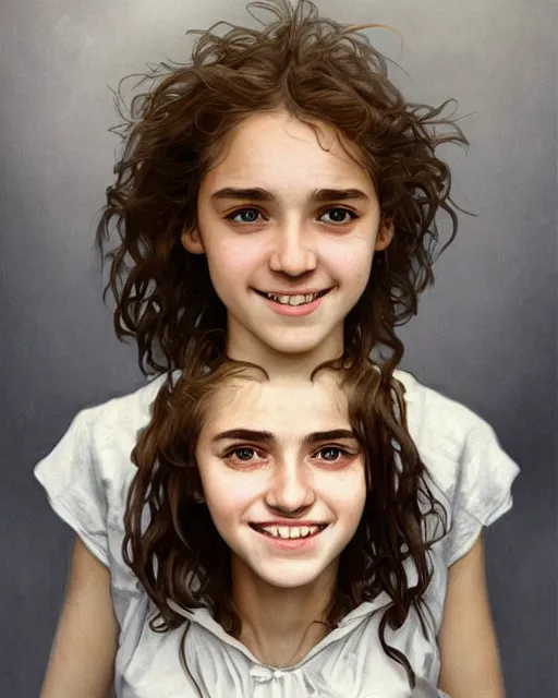 Image similar to close up portrait of 1 5 - year - old girl, smile with large front teeth, hermione granger, very bushy brown hair, and very bright brown eyes, wearing white shirt, hyper realistic face, beautiful eyes, close up, fantasy art, in the style of greg rutkowski, intricate, alphonse mucha, hyper detailed, smooth