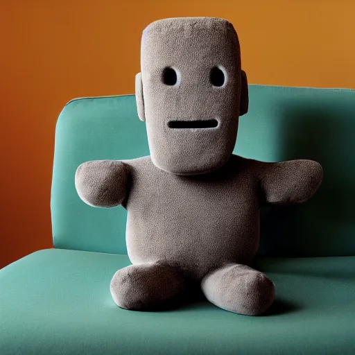 Prompt: moai plushy toy on a couch, ambient light