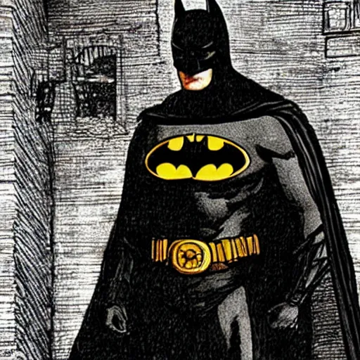 Prompt: batman drawned by leonardo davinci in his notebook, detailed info about his height and biography of batman included in his notes