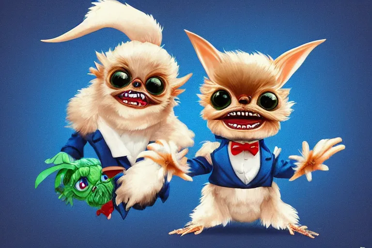 Prompt: a cute illustration of gizmo from the movie gremlins wearing a blue wedding suit and looking proud, digital art, trending on artstation