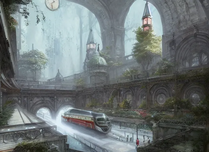 Image similar to A train subway inside a beautiful elven city made of white marble, anime, lush trees, fountain, statue, big clock, trains, a fantasy digital painting by Greg Rutkowski and James Gurney, trending on Artstation, highly detailed