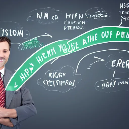 Prompt: happy business person in the background there is a green graph with high returns