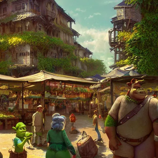 Image similar to shrek craig mullins and ghibli digital illustration of solarpunk farmers market, festival, colorful, unreal engine, hyper realism, realistic shading, cinematic composition, realistic render, octane render, detailed textures, photorealistic, wide shot