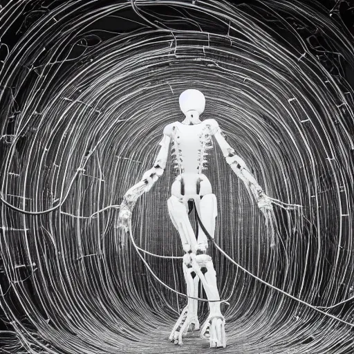 Prompt: nervous system made of wires and alien technology in a white room with glowing leds, hyper detailed, surreal concept art, apocalyptic, realistic, alive, industrial, tech, black and white photo on film, grain, cyborg, futuristic, humanoid, dream,