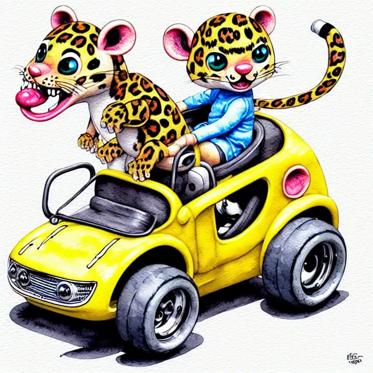 Image similar to cute and funny, baby leopard riding in a tiny go kart with oversized engine, ratfink style by ed roth, centered award winning watercolor pen illustration, isometric illustration by chihiro iwasaki, edited by range murata, tiny details by artgerm and watercolor girl, symmetrically isometrically centered