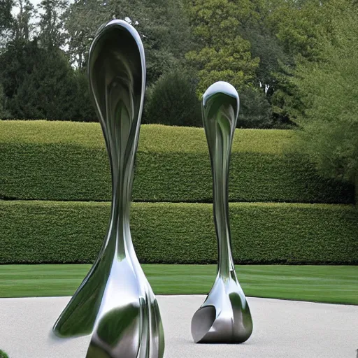 Image similar to giant Italian modern castle formal garden with a modern stainless steel organic shaped modern sculptures with mirror finish by Tony Cragg, photo by Annie Leibovitz