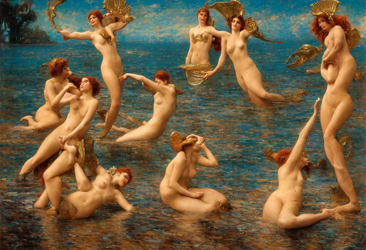 Prompt: mermaids wrestling, hard lighting, graceful, full body, warm lighting, painting by gaston bussiere, craig mullins, j. c. leyendecker, lights, art by ernst haeckel, john william godward, hammershøi