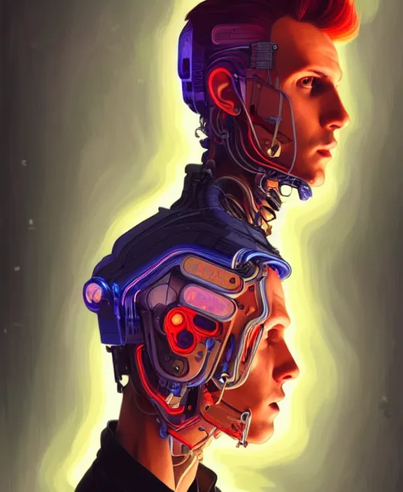 Image similar to a whirlwind inside the metaverse, guy, male, man, science, machine face, fashionable haircut, half body, neurochip, android, cyberpunk face, by loish, d & d, fantasy, intricate, elegant, highly detailed, colorful, digital painting, artstation, concept art, art by artgerm and greg rutkowski and alphonse mucha