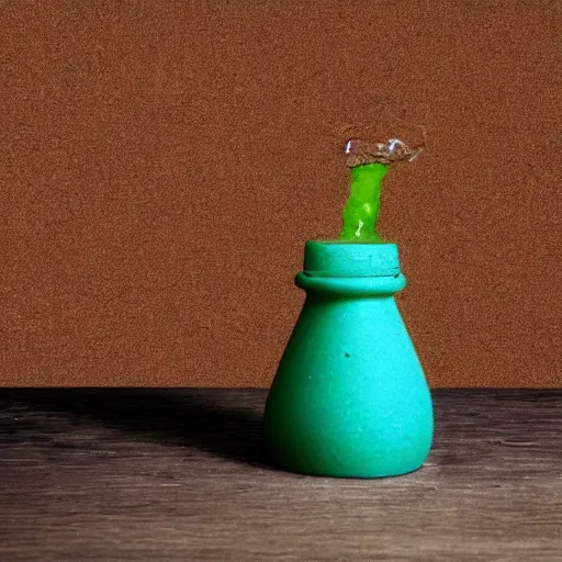 Image similar to small potion with a cork top filled with a green and turquoise gradient liquid, on a desk, old film photo