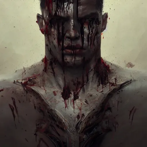 Image similar to close-up, symmetrical, portrait of man, bloody, bruised, scarred, marvel art, art by greg rutkowski, matte painting, trending on artstation