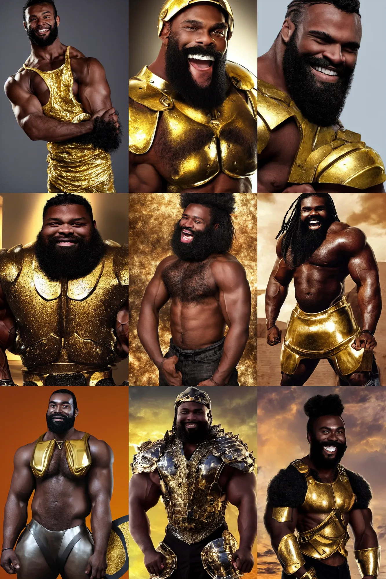 Prompt: african american gigachad with thick black beard, huge glistening muscles, big smile, wearing golden armour. hd dolby digital, acrylic masterpiece.