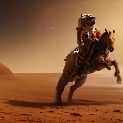 Image similar to centered portrait of the astronaut riding a horse in Mars, realistic character concept, high fantasy, light atmosphere, golden ratio, wide shot, cinematic lighting, hyperdetailed, high detailed, high resolution, insanely detailed and intricate, artstation, Marc Simonetti, Greg Rutkowski, octane render, unreal engine, 8k