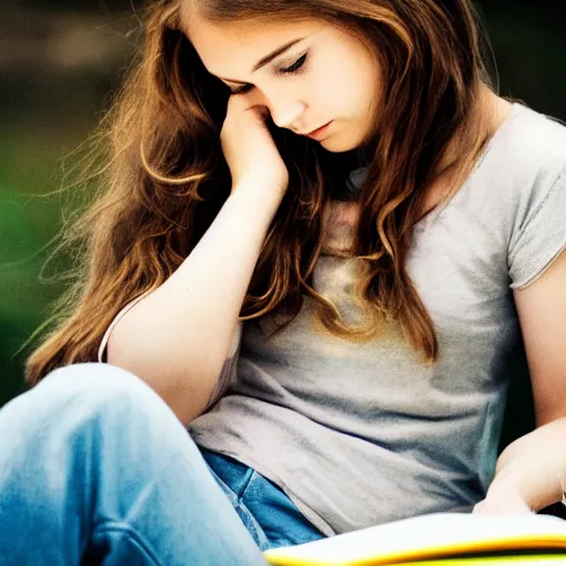 Image similar to 85mm beautiful girl reading a book, hair flowing down, by Emmanuel Lubezki