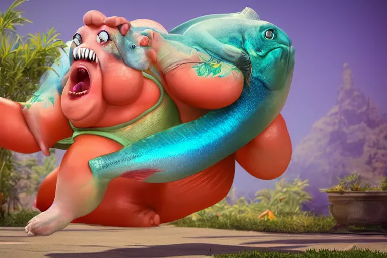 Image similar to of a very beautiful scene. ambient occlusion render. a sweet fat old woman is dancing with a huge colorful fish. hyper realistic. 4 k. wide angle. wild happiness. symmetrical face, red mouth, blue eyes. deep focus, lovely scene. ambient occlusion render. concept art. artstation. unreal engine.