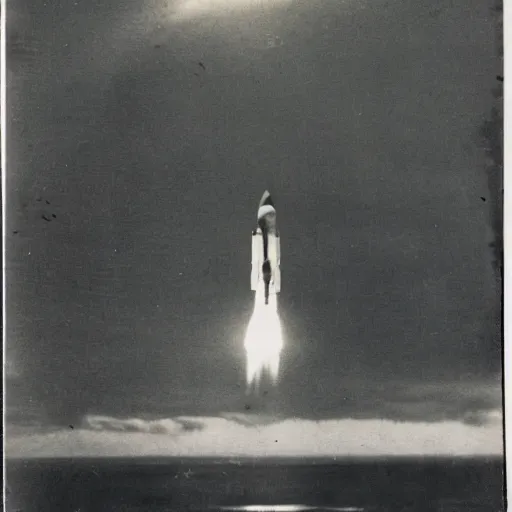 Prompt: vintage photo of a rocketship landing next to a lake