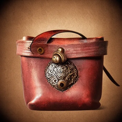 Image similar to an ornate small leather bag, fantasy illustration, medieval era, blank background, studio lighting, hand - drawn digital art