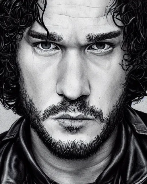 Image similar to portrait of kit harrington, gritty, dark, wearing a leather jacket, very detailed eyes, hyperrealistic, very detailed painting by Glenn Fabry, by Joao Ruas, by Artgerm