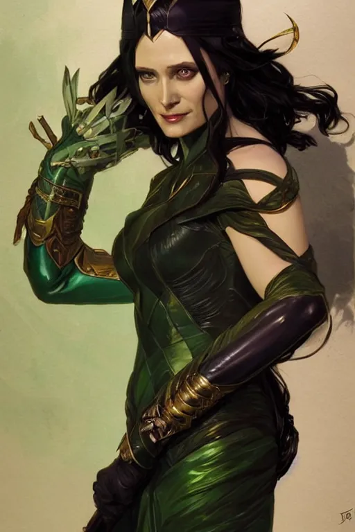 Image similar to portrait of lady loki, D&D, fantasy, highly detailed, digital painting, artstation, concept art, smooth, sharp focus, illustration, art by artgerm and greg rutkowski and alphonse mucha