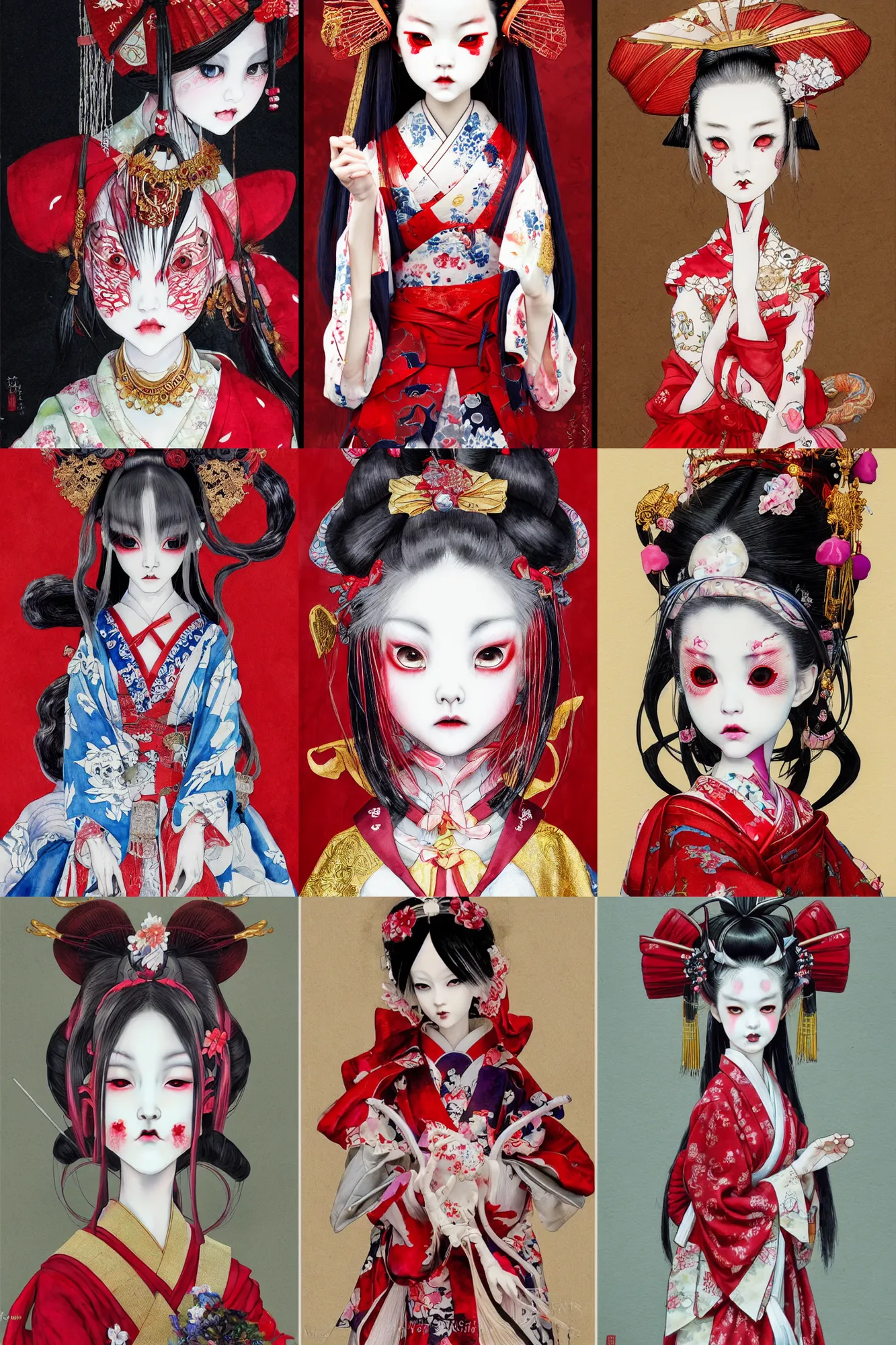 Image similar to watercolor painting of a japanese bjd geisha oni demon with a long neck in victorian lolita fashion red dress in the style of dark - fantasy painted by yoshitaka amano, wlop, ayami kojima, dmt art, symmetrical vogue face portrait, intricate detail, artstation, cgsociety, artgerm, rococo, gold