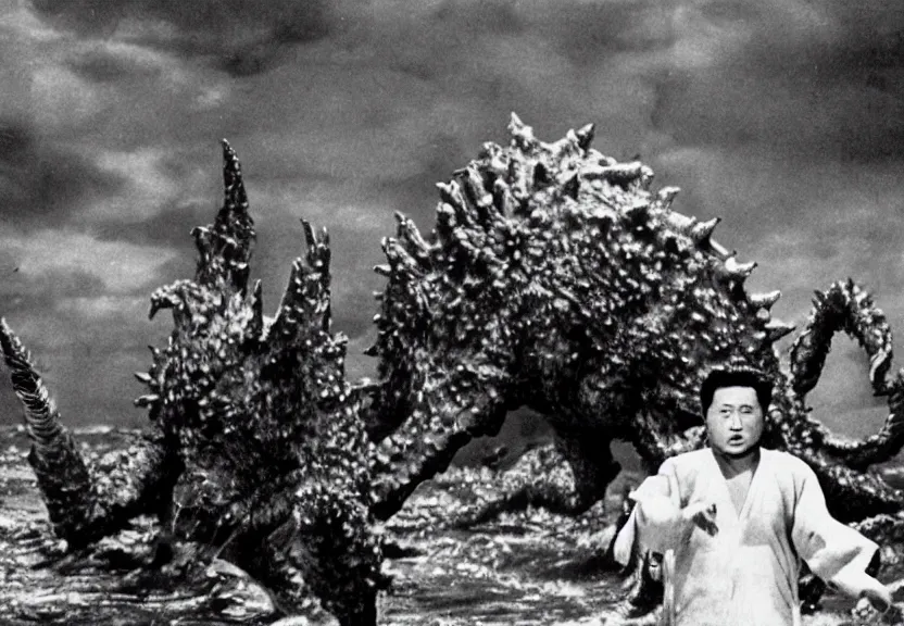 Image similar to a filmstill of pulgasari, kaiju starfish, monster movie, korean film noir, 1 9 5 0 s thriller, kim jong - il, in the style of rashomon and godzilla