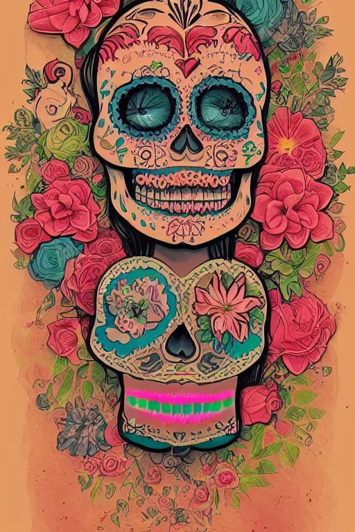 Prompt: Illustration of a sugar skull day of the dead girl, art by mike winkelmann