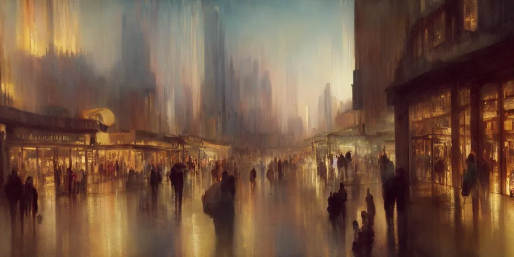 Prompt: Distant future city marketplace, oil painting by J.M.W. Turner, hyperrealistic