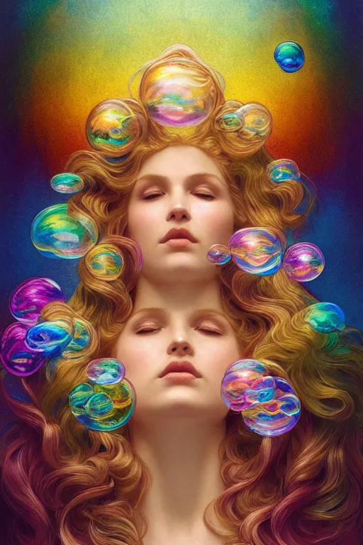 Image similar to bust of a rainbow woma , fantasy, gradient rainbow, dreamy and ethereal, blue eyes, golden ratio, peaceful expression, ornate frilly dress, fantasy, intricate, elegant, rainbow bubbles, highly detailed, digital painting, artstation, concept art, smooth,b sharp focus, illustration, art by artgerm and greg rutkowski and alphonse mucha