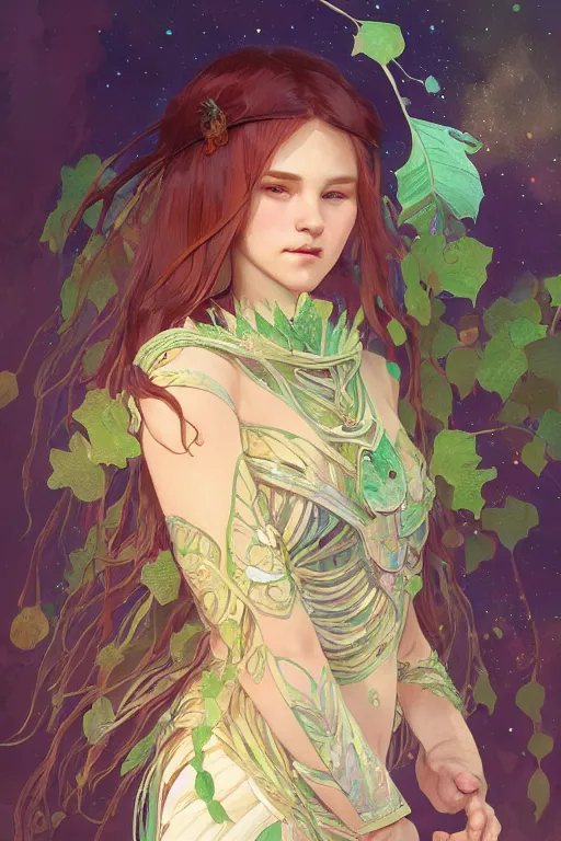 Prompt: beautiful ancient girl in makeshift leaf armor, deep space on background, highly detailed, digital painting, artstation, sharp focus, illustration, art by tan zi and ayanamikodon and alphonse mucha and wlop