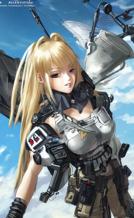 Image similar to shot of mechanized valkyrie, anime style, world war 2, top gun clothing, spread wings, blonde hair, hair down, symmetrical facial features, from arknights, hyper realistic, 4 k, rule of thirds, extreme detail, detailed drawing, safebooru, hd, d & d, realistic lighting, by alphonse mucha, greg rutkowski, backlit