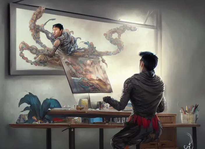 Image similar to an insanely detailed painting of an asian man wearing a homemade superhero costume, sitting at a desk, staring seriously at the computer and typing, in the style of peter mohrbacher, james jean, ruan jia, dramatic lighting and composition, surreal background, octane render, pixar, trending on artstation, concept art, comic book, view from behind, 8 k