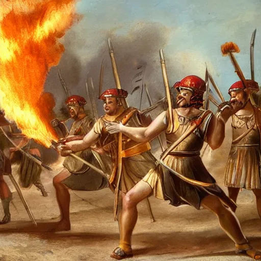 Prompt: roman soldiers using a flamethrower