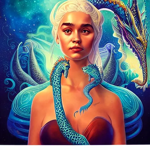 Prompt: cosmic underwater lofi daenerys targaryen portrait with her serpent dragon fire flame, queen of dragons, fire flaming dragon serpent, Pixar style, by Tristan Eaton Stanley Artgerm and Tom Bagshaw.