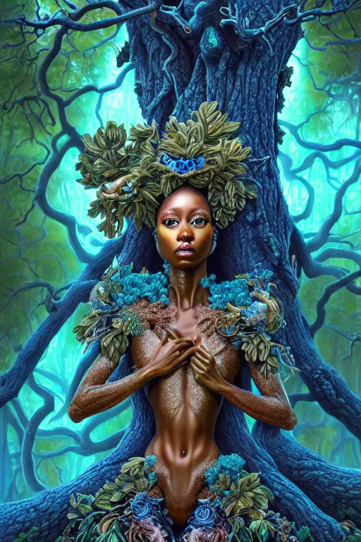 Image similar to hyperrealistic post - rococo super beautiful! black woman with exoskeleton armor, merging with tree in a forest, highly detailed digital art masterpiece smooth cam de leon hannah yata dramatic pearlescent blue teal light ground angle hd 8 k sharp focus