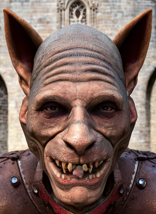 Image similar to closeup portrait of a medieval goblin in the cloisters, selfie style, depth of field, zeiss lens, detailed, symmetrical, centered, fashion photoshoot, by annie leibovitz and steve mccurry, david lazar, jimmy nelsson, breathtaking, 8 k resolution, extremely detailed, beautiful, establishing shot, artistic, hyperrealistic, beautiful face, octane render