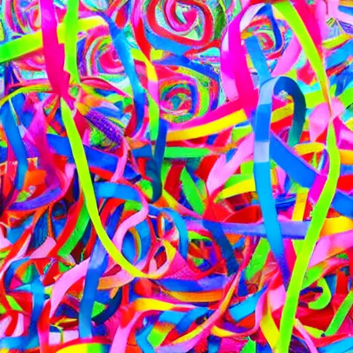 Prompt: image of people dancing with swirling ribbons of color all around them twirling and wrapped