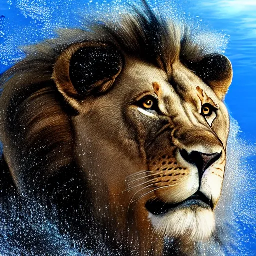 Image similar to a male lion's face breaching through a wall of water, headshot, water sprites, splashing, deep blue ocean, highly detailed, realistic digital art, trending on artstation