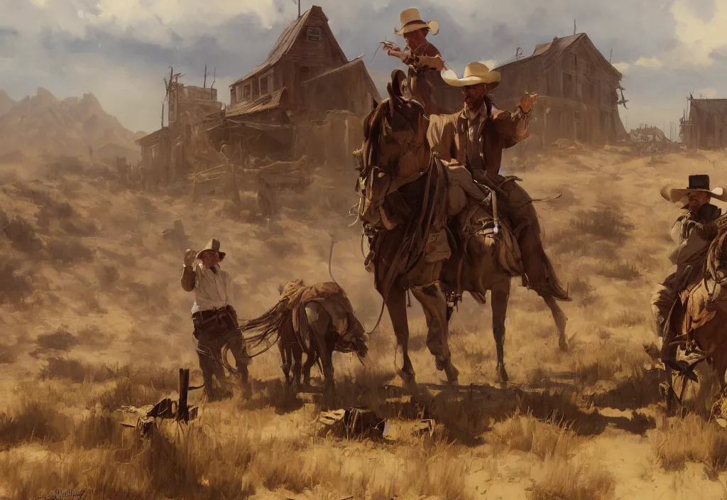 Prompt: greg manchess painting of a wild west abandoned town landscape with no person nor horse in the painting only buildings in the year 1 8 5 0, nobody living there, raining with grey sky, painting, trending on artstation, by huang guangjian and gil elvgren and sachin teng