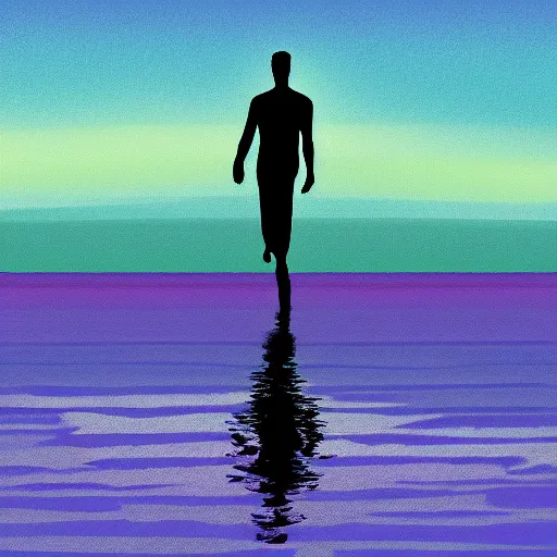 Prompt: purple sunset with a real black silhouette of a man walking on water, and high detail