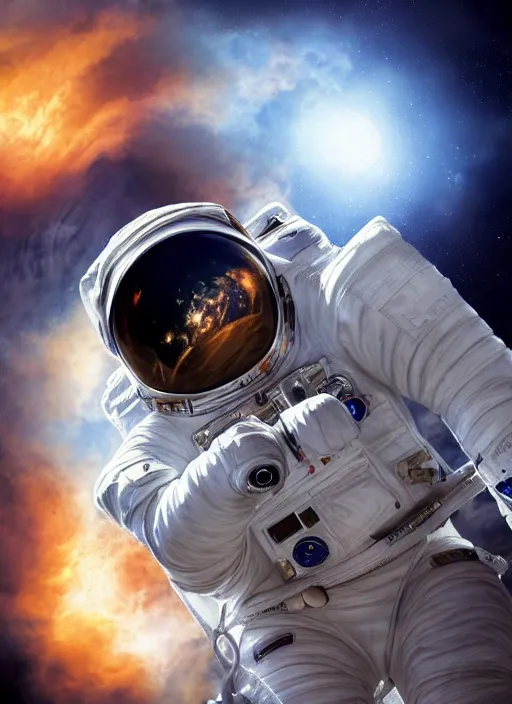 Image similar to Gorgeous NASA astronaut in space, cel-shaded, detailed, focused. Cinematic, hyper realism, realistic proportions, dramatic lighting, high detail 4k