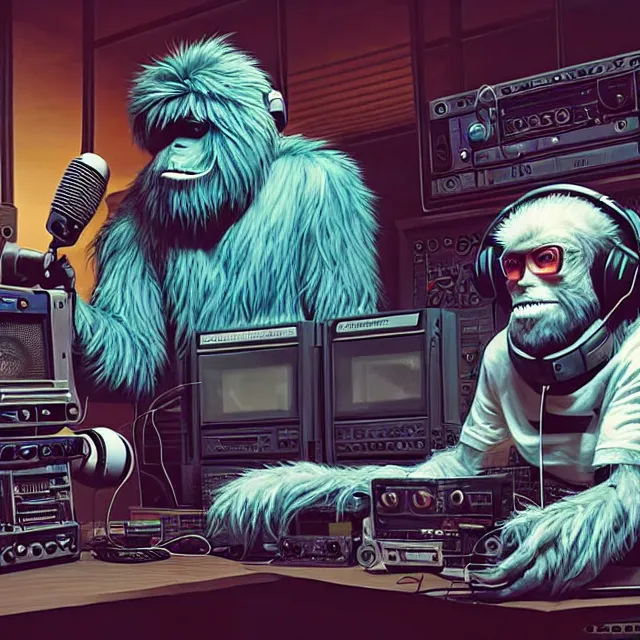 Image similar to a portrait of an anthropomorphic cyberpunk yeti podcasting while working in his secret electronics lab, detailed render, tape deck, hanging microphone, boombox, headphones, epic composition, cybernetics, 4 k realistic, cryengine, realistic shaded lighting, sharp focus, masterpiece, by matteo scalera, gary montalbano, peter elson in the style of the tokyo ghost comic