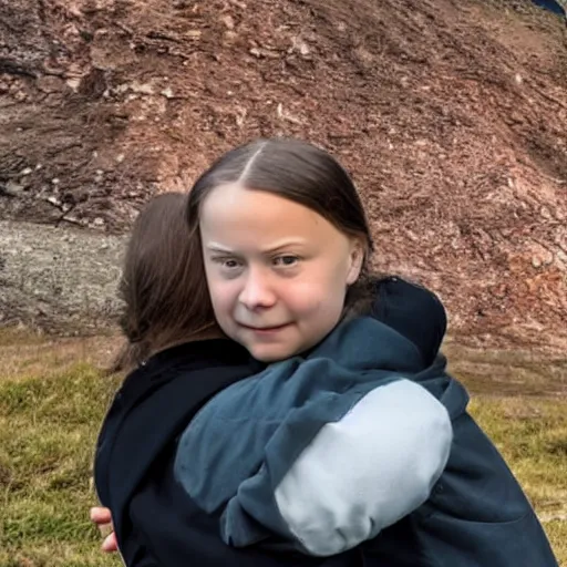 Prompt: greta thunberg hugging coal, in front of a coal fired power station