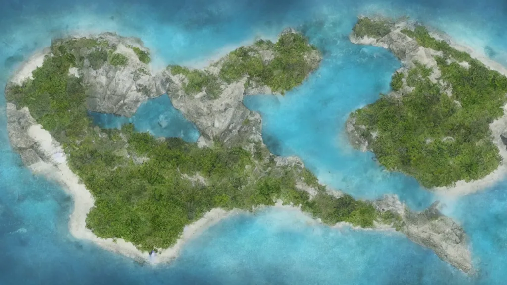 Image similar to Long forgotten island that once hosted a great civilization now gone, Tropical Island, matte painting, concept art, top down view