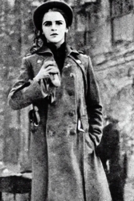 Image similar to photograph of soviet chekist comrade emma watson, standing in a long leather coat with mauser pistol, vintage revolution photograph, famous photo