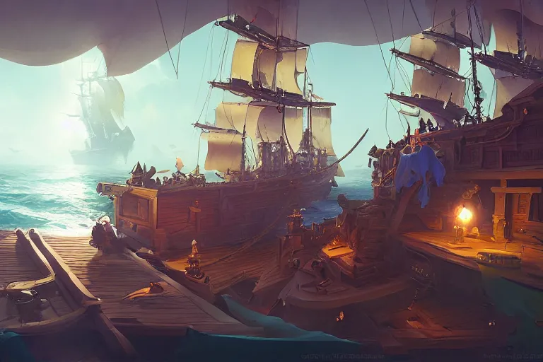 Prompt: parrot and cat sit on deck of ship sea of thieves, fantasy, digital painting, volumetric light, intricate, sharp, focus, bloom, illustration, highly detailed, concept art, matte, ruan jia, randy vargas, greg rutkowski