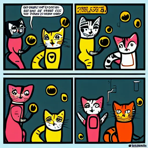 Prompt: a comic strip about cats in space, retro